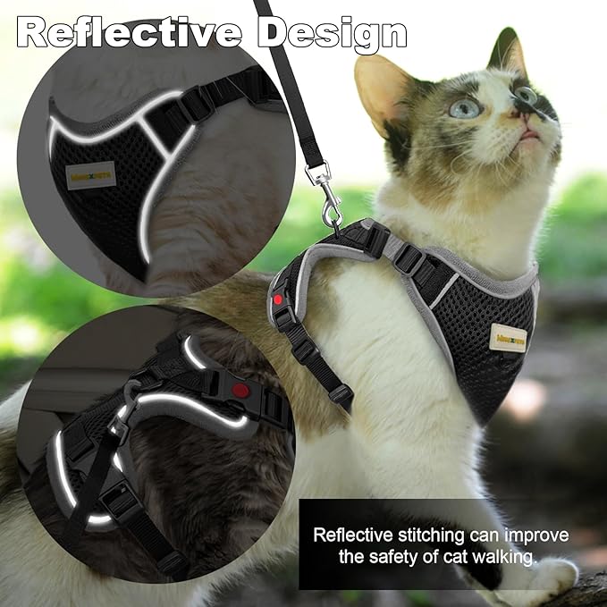 Cat Harness and Leash for Walking, Retractable Cat Harnesses and Leash Set Escape Proof, Breathable Soft Kitten Small Large Harness for Travel Training and Walking, Black, XXS