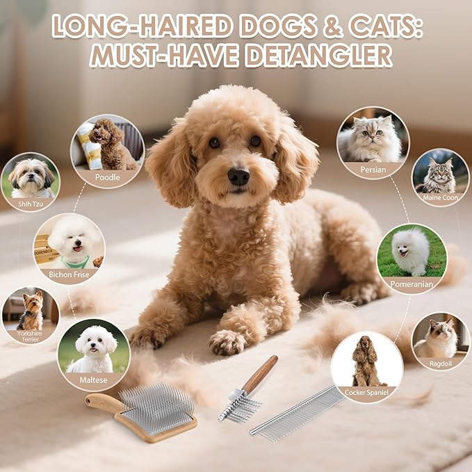 Large Dog Slicker Brush & Comb Set with Leather Sleeves - Long Pin Deshedding Brush for Golden Retrievers, Poodles, Doodles & Thick Coats, Wood Handle Pet Grooming Kit for Dogs, Cats. Natural