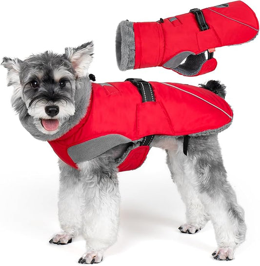 KYEESE Waterproof Dog Coat, Windproof Warm Winter Jacket with Leash Hole, Reflective Cold Weather Dog Coats for Small Dogs, Outdoor Pet Coat Cozy Puppy Jacket Thick Fleece Lined, Red, Small