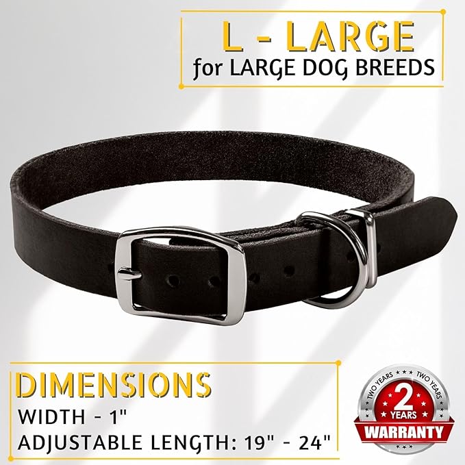 Adityna - Black Leather Dog Collar for Large Dogs - Classic Style, Soft and Strong, Heavy-Duty Top-Grain Leather Collar for Walking, Training, Hiking, and Running (L - Neck: 19-24 inches, Black)