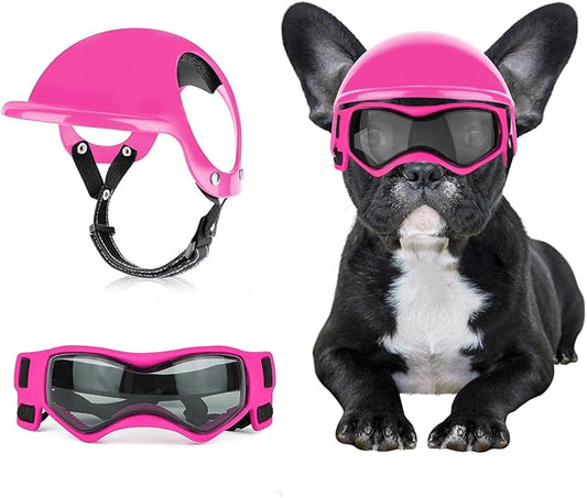 Dog Helmet with Dog Goggles for Small Dogs - Pet Motorcycle Helmet Hat with Ear Holes Adjustable Straps Safety Helmet for Puppy Riding - Pink