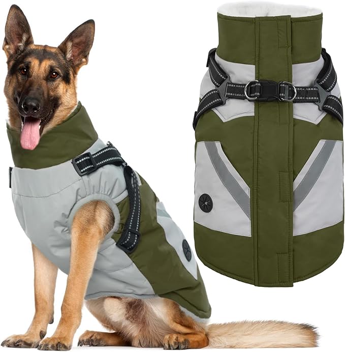 IECOii Zip Up Dog Coat for Large Dogs - Waterproof Winter Fleece Jacket in Green, XLarge - Suitable for Border Collie, Pitbull
