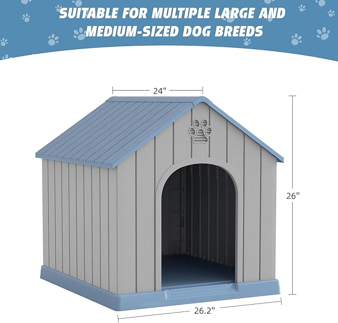 Dog House Outdoor Indoor, Weatherproof Insulated Dog House with Elevated Floor and Air Vents for Small to Medium Dogs,Easy Clean and Assemble (Blue, 26.18''L × 24.02''W × 25.98''H)