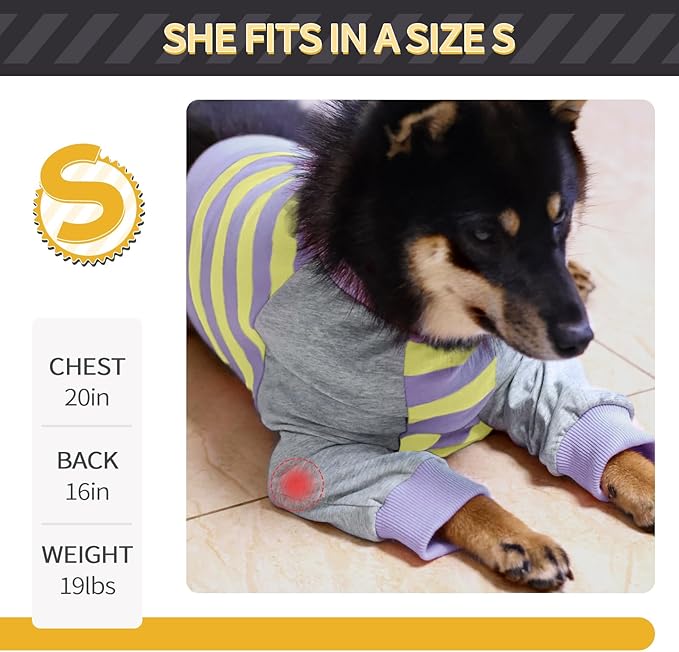 FUAMEY Dog Recovery Sleeve with Elbow Protector,Dogs Shirt Stop Licking Joints,Pet Long Sleeve Suit Protecting Dog's Front Leg Arm Wounds Cover Skin Conditions Purple Stripes M