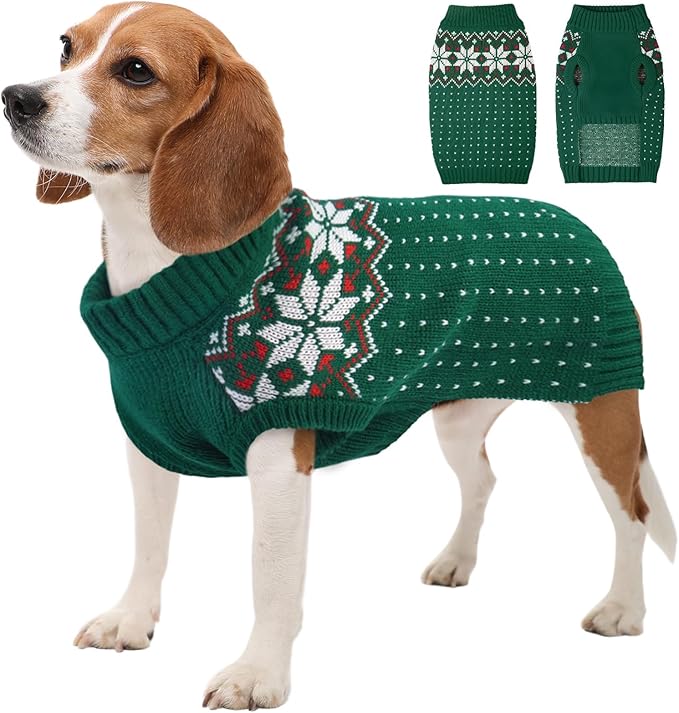 Kuoser Dog Sweater, Holiday Christmas Snowflake Pet Warm Knitwear Dog Sweaters Soft Puppy Clothing, Doggie Turtleneck Cold Weather Outfit Pullover for Small Medium Large Dogs Cats, Green M