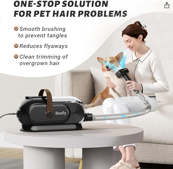 Bunfly Dog Grooming Kit with 13000kpa Strong Grooming & Vacuum Suction 99% Pet Hair,3L Capacity,11 Grooming Tools Dogs Cats and Other Animals,Home and Car Cleaning -Black