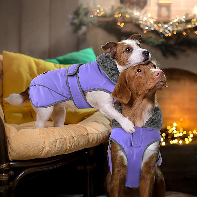 Dogcheer Dog Coat, Waterproof Dog Jacket Reflective Pet Winter Coat with Adjustable Hook & Loop, Christmas Puppy Fleece Jacket Warm Turtleneck Snowsuit for Small Medium Large Dogs - Taro Purple, M