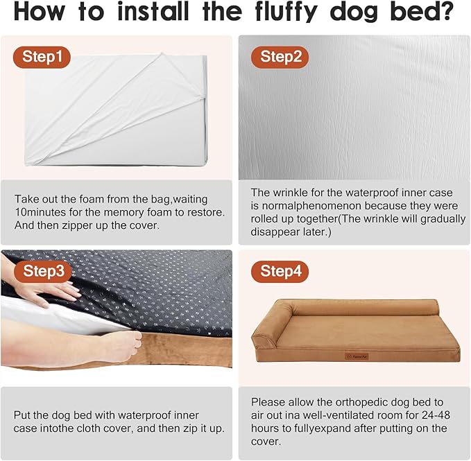 Orthopedic Dog Beds Large Sized Dog, Memory Foam Pet Bed for Medium and Large Dogs, Removable and Washable Microsuede Cover, TPU Waterproof Liner, Nonskid Bottom, 44x32x6 Inches, Khaki