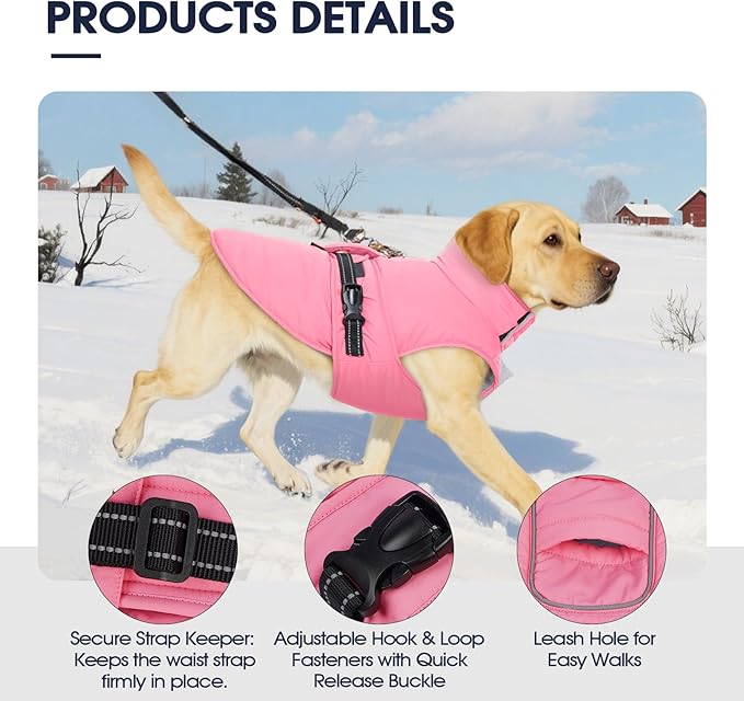 IECOii Winter Dog Coat - Reflective, Adjustable & Windproof Winter Jackets with Quick-Release Buckles, Lightweight & Soft & Warm Fleece Lined Vest for Daily Walks, Waterproof, Pink, Size 4XL