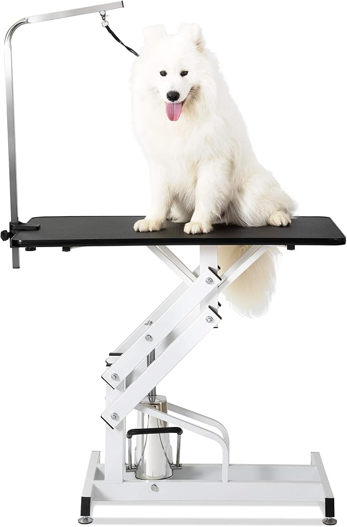 Hydraulic Dog Pet Grooming Table, 42 Inch Heavy Duty Z Lift Structure Professional Dog Grooming Table Suitable for Large Dogs at Home with Adjustable Arms, Clamps and 2 Grooming Noose, Black