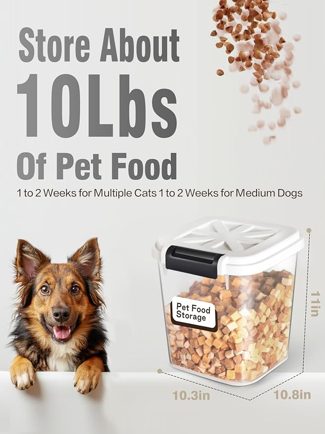 LivLab Mker Airtight Dog Food Storage Container 20 lbs, Pet Food Storage Bin with Lid 4 lbs & 6 lbs & 10 lbs, 3 Pack, Cat Treat Container, Stackable, 3 Measuring Cup, Save Space,White