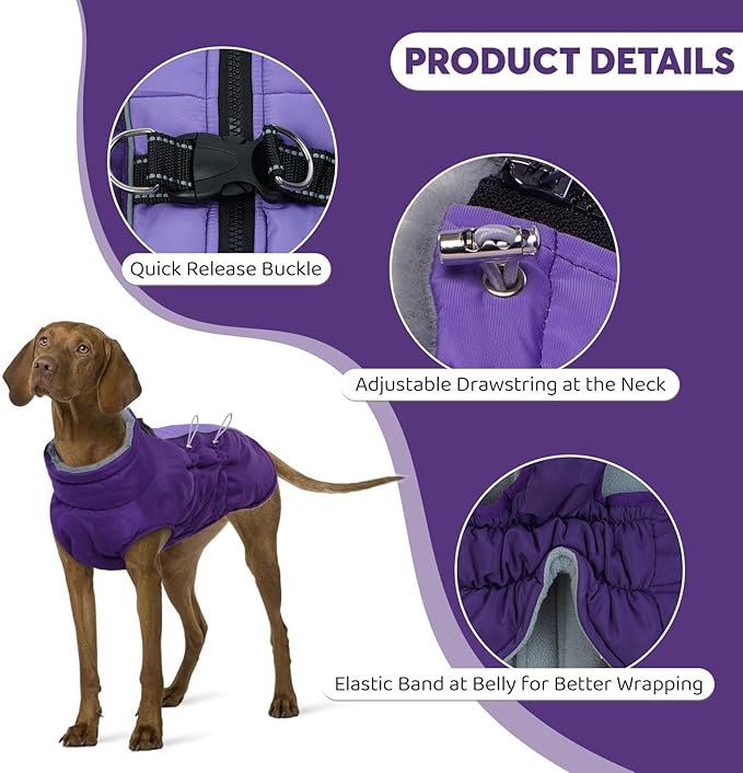 IDOMIK Warm Dog Coat with Harness, Waterproof Reflective Dog Jackets for Small Medium Large Dogs, Fleece High Collar Winter Jacket with Zipper, Pet Winter Snowsuit Clothes for Cold Weather,Purple XL