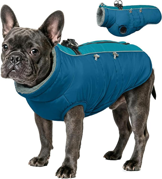 IDOMIK Warm Dog Coat with Harness, Waterproof Reflective Dog Jackets for Small Medium Large Dogs, Fleece High Collar Winter Jacket with Zipper, Pet Winter Snowsuit Clothes for Cold Weather,Blue M
