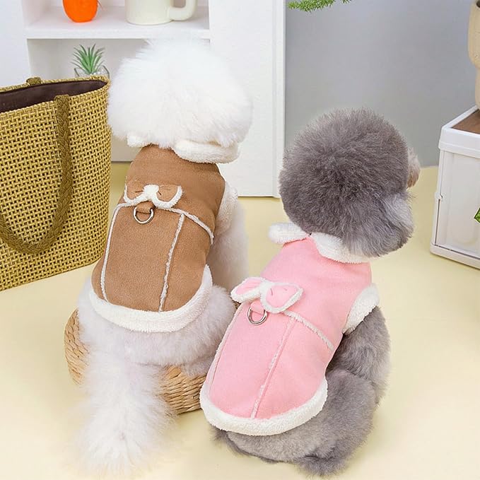 Jecikelon Bowtie Dog Cold Weather Coat Fleece Lining Warm Pet Puppy Turtleneck Dogs Winter Coats for Small Dogs Jacket with D-Ring Leash (X-Small, Pink)