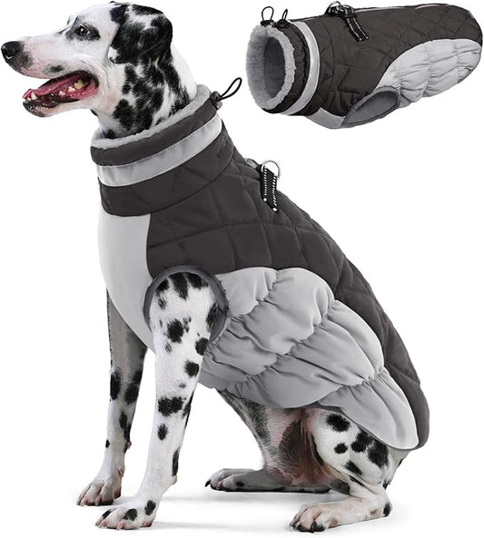 AOFITEE Dog Coat, Warm Dog Jackets for Large Dogs, Reflective Turtleneck Dogs Winter Coat with Harness Built in, Waterproof Windproof Pet Snow Jacket Fleece Vest for Cold Weather, Grey XXL