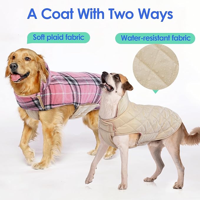 MIGOHI Reversible Dog Coat, Windproof & Waterproof Jacket for Cold Weather, British Style Plaid, Warm Vest with Harness Hole, Pink, 2XL