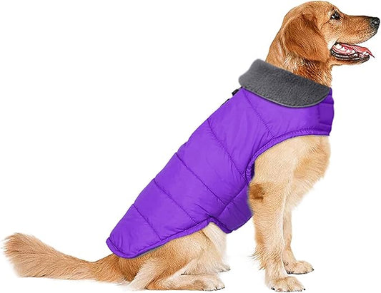 Dog Winter Coat, Waterproof Dog Jacket with Leash Hole, Reflective Adjustable Pet Snow Vest, Warm Fleece Sweater for Small Medium Large Dogs - Purple, L