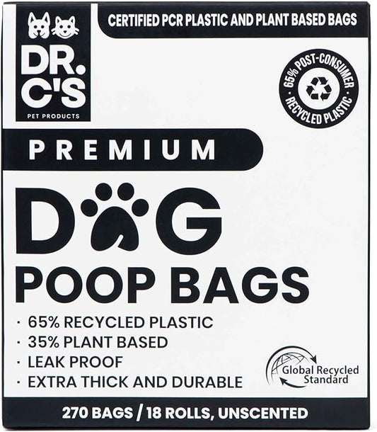 Certified 65% PCR (Post Consumer Recycled) Plastic and 35% Plant Based Dog Poop Bags - Dr. C's ONE OF A KIND Dog Poop Bags - 120 Bags / 8 Rolls, NO NEW PLASTICS USED, Unscented, Earth Friendly
