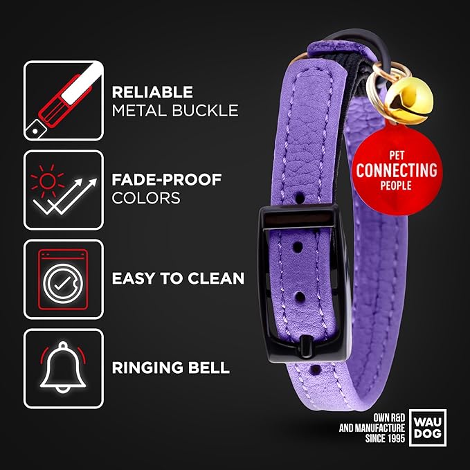 Leather Cat Collar with Bell and Safety Elastic Strap Breakaway Alternative for Small & Large Kittens, Stylish Pet Leather Collar for Boy, Girl Cats with Metal Buckle & QR ID Tag (Purple)