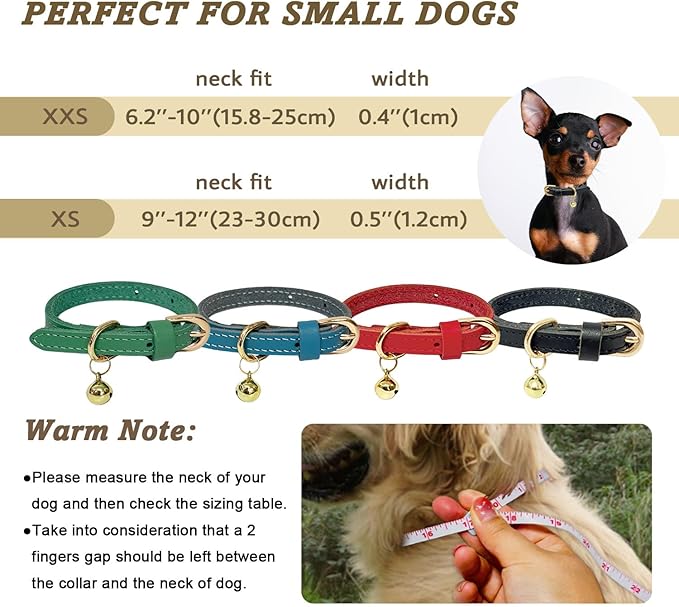 Guiding Star Leather Collar for Puppy, Cute Soft Thin Dogs Collars for Small Medium Dogs, Cat Collar with Bell (Green, XXS, 6.2"-10")