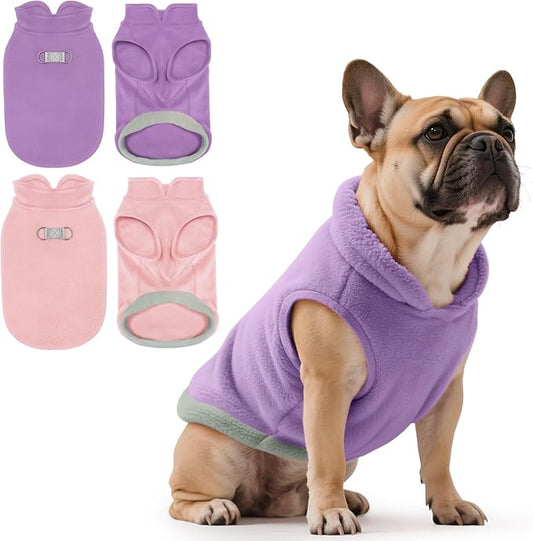 Idepet 2 Pack Dog Fleece Vest Sweater Warm Pullover Jacket with D-Ring Leash Reflective Winter Coat Hoodie for Puppy Cat French Bulldog Pug Chihuahuas Yorkies Dachshunds(Purple&Pink,Large)