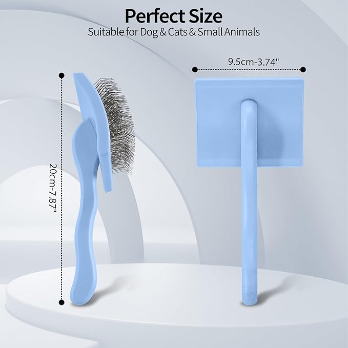 Pet Slicker Brush for Long & Short Hair - Detangling Tool for Dogs & Cats - 135° Angled Stainless Steel Pins, Curved Handle - Gentle Grooming for Small/Medium/Large Breeds (Blue)