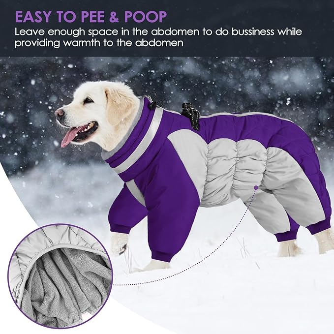SUNFURA Full Body Dog Coat - Warm Fleece Jacket for Extra Large Dogs, Turtleneck Winter Coats with Harness, Reflective Dog Snowsuit Windproof Puffer Jackets with Legs for Great Dane, Purple 3XL
