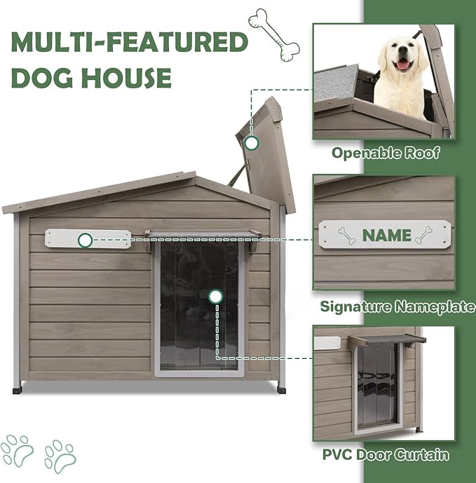 40'' L Large Dog House Outdoor Indoor, Wooden Dog Houses with Waterproof Roof, Door Curtain, Anti-Chewing Frame, Elevated Doghouse Shelter Bed Kennel with Window, Openable Roof