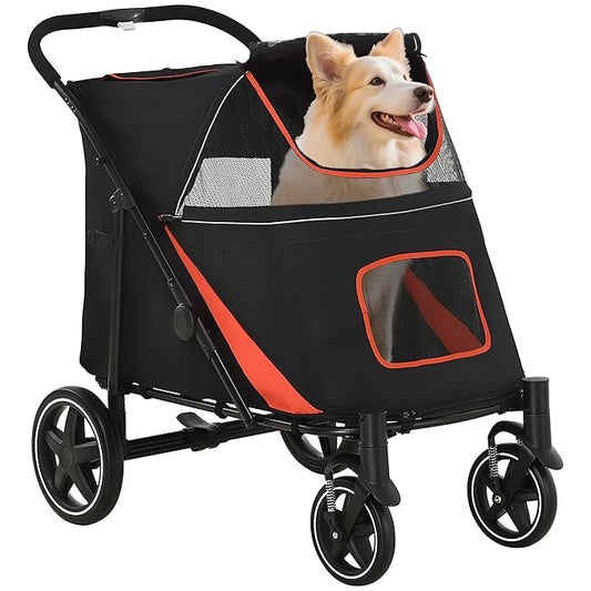 PawHut Dog Stroller for Large Medium Small Dogs up to 66 Lbs. 23.5" in Body Length, One-Click Foldable Pet Cat Stroller with Storage, Shock Absorption Wheels, Mesh Window, Safety Leash, Black