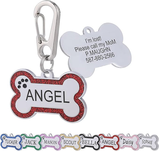 Personalized Stainless Steel Pet ID Tags with Glittery Bone Design - DEEP Engraved Dog Tags Engraved for Pets Customized with 5 Lines Dogs and Cats Pets