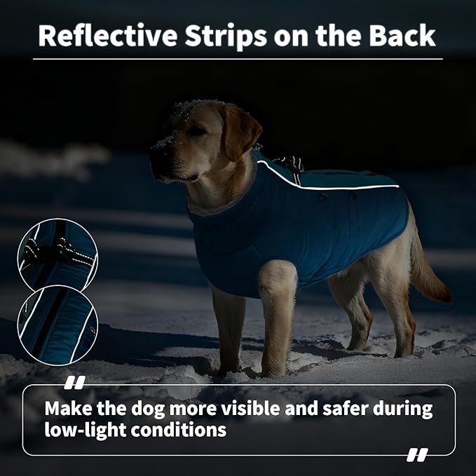 IDOMIK Warm Dog Coat with Harness, Waterproof Reflective Dog Jackets for Small Medium Large Dogs, Fleece High Collar Winter Jacket with Zipper, Pet Winter Snowsuit Clothes for Cold Weather,Blue M