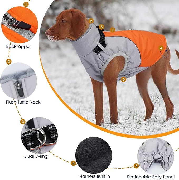 Dog Coat for Large Dogs,XXXL Waterproof Dog Jacket with Collar Built in,Reflective Winter Jacket with Fleece Lined Warm Cold Weather Coats for Extra Large Dogs,Pet Snow Jacket Suit,Orange,3XL