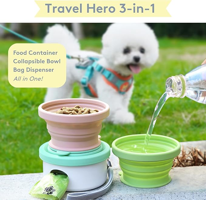 Sweet Paws Travel Hero 3-in-1 Portable Pet Food Container, Silicone Water Bowl, and Poop Bag Dispenser in One, Lavender Cream