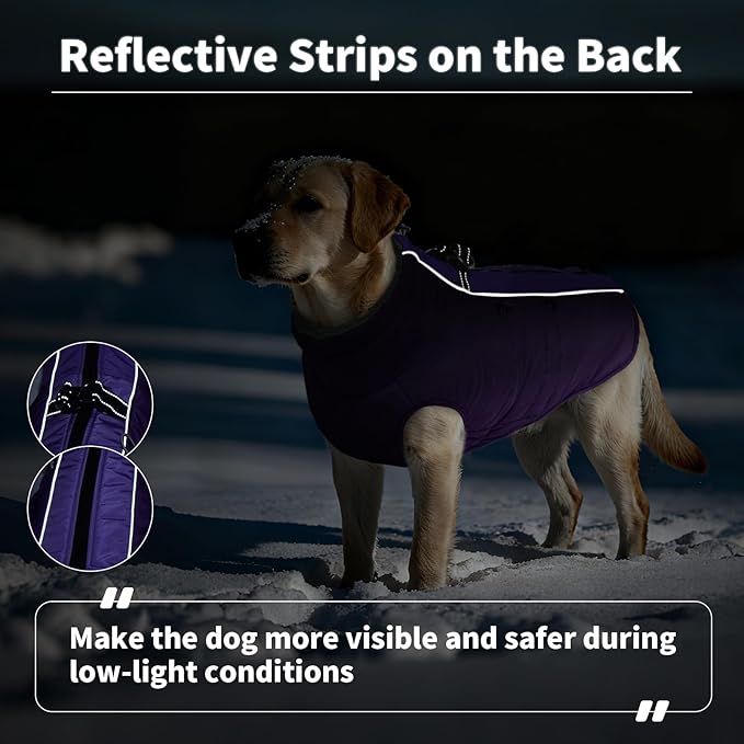 IDOMIK Warm Dog Coat with Harness, Waterproof Reflective Dog Jackets for Small Medium Large Dogs, Fleece High Collar Winter Jacket with Zipper, Pet Winter Snowsuit Clothes for Cold Weather,Purple S
