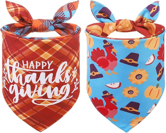 SCENEREAL Thanksgiving Dog Bandanas 2 Pack, Puppy Fall Orange Turkey Triangle Bibs Handkerchief, Reversible Holiday Dog Bandana for Boy and Girl, Premium Pet Scarf for Small Medium Large Dogs XL