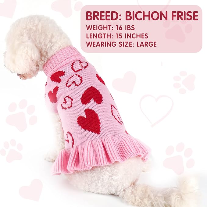 cyeollo Dog Sweater Dress Dog Clothes Pullover Turtleneck with Leash Hole Heart Pattern Holiday Outfit Female Pet Apparel Valentine Sweater for Medium Large Dogs