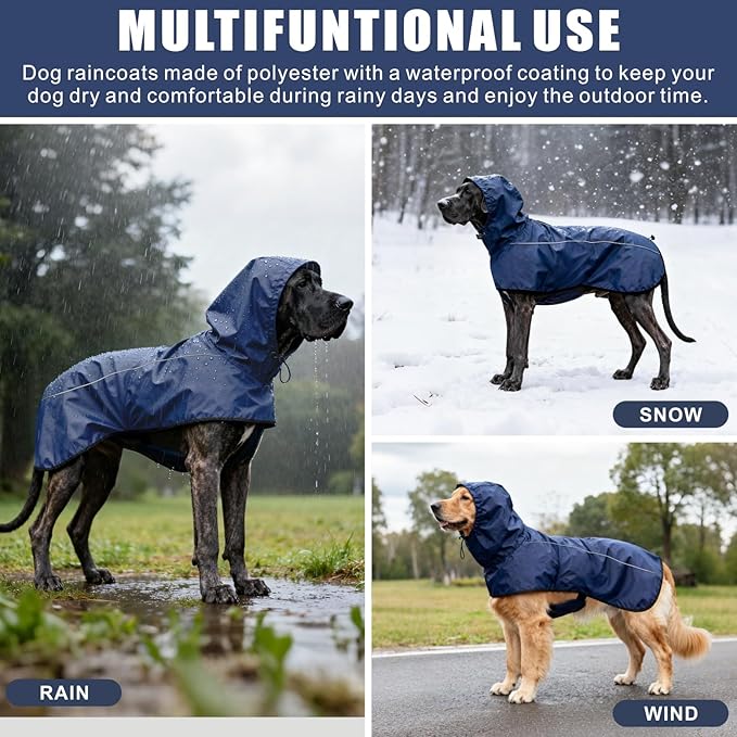 Mosucoirl Dog Raincoat Jacket Reflective Adjustable Hooded Pet Poncho Rain Coats with Leash Hole Waterproof Clothes for Small Medium Large Dogs (NavyBlue, XXL)