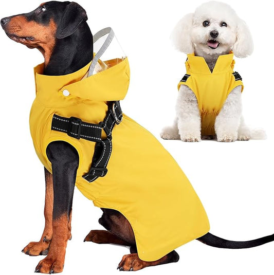 SlowTon Dog Raincoat Waterproof - Dog Rain Jacket with Harness and Hood Lightweight, Reflective Dogs Rain Coat for Large Medium Small Dogs Girl Boy Puppy Poncho Pet Clothes (Yellow, XS)
