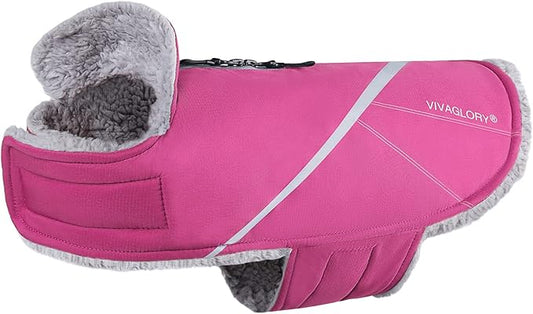 VIVAGLORY Snowrap Dog Coat, Jacket with Harness Hole & Velcro Closure, Dog Coat for Winter & Cold Weather, Fluffy Warm Fleece Lined Reflective Water Resistant for Puppy, S, Fuchsia