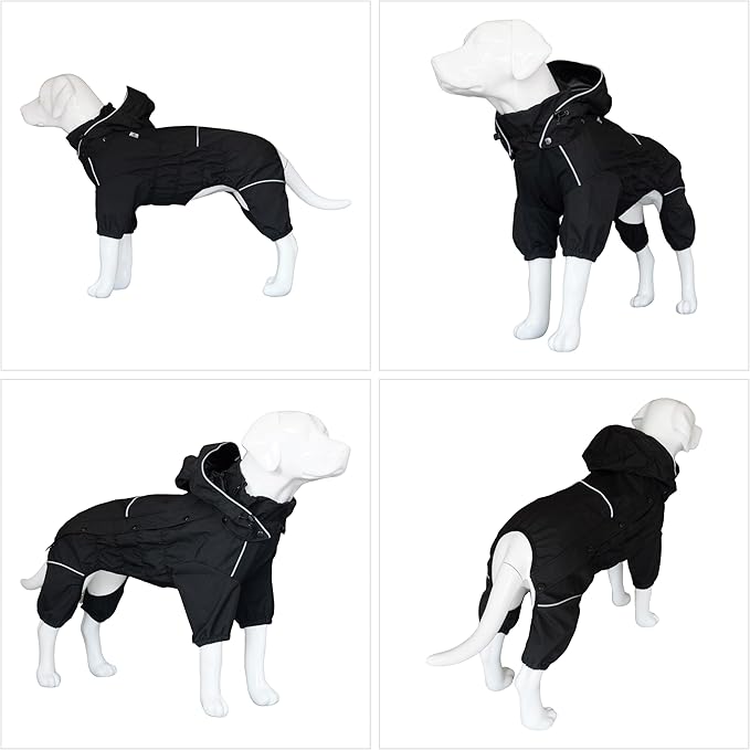 LOVELONGLONG Fleece-Lined Dog Raincoat with Removable Hood – Waterproof Winter Full Body Dog Jacket – Windproof Snowproof Cold-Weather Suit – Black-F XL