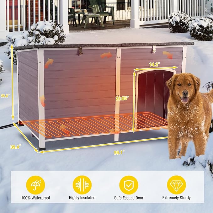 Aivituvin Large Heated Dog House, Outdoor Kennel with Insulation Liner, 59 Inch, Iron Frame Construction, Winter Weatherproof Design, Built-in Heater，Grey