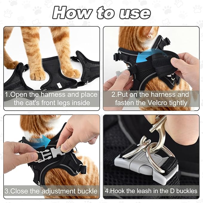 Kitten Cat Harness and Leash Set, Escape Proof Soft 4-Adjustable Cat Walking Vest Harness, Reflective Strips in Harness for Kitty Puppy Bunny Car Travel, with Car Seatbelt Leash (Black, XS)