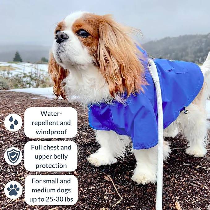 DJANGO Highland Dog Jacket & Raincoat – Water-Repellent, Lined Dog Coat with Hood, Adjustable Fit & Harness Hole – Lightweight Rain & Wind Jacket for Small & Medium Dogs up to 30 lbs (Blue, Small)