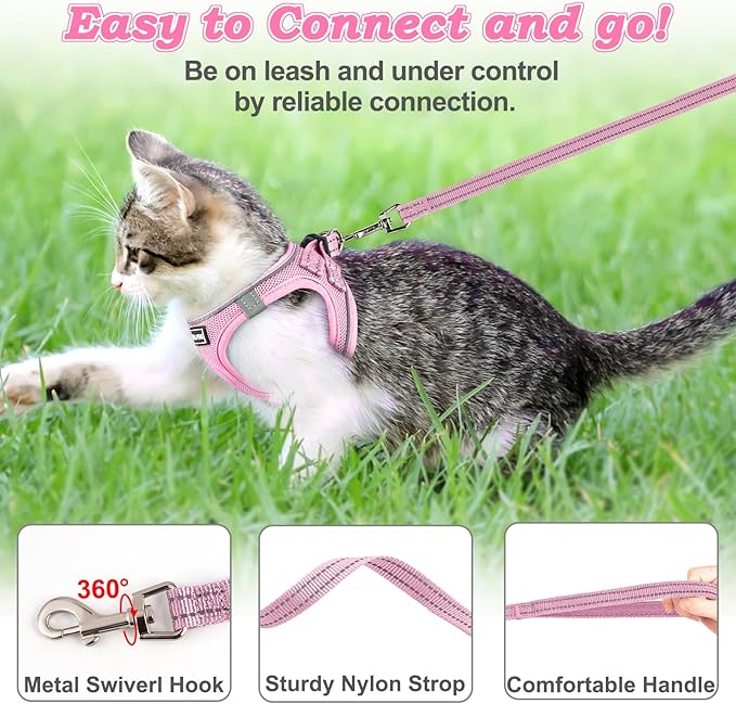 Cat Harness and Leash for Walking Escape Proof, Adjustable Kitten Vest Harness Reflective Soft Mesh Puppy Harness for Outdoor, Comfort Fit, Easy to Control (NPink, XXS)