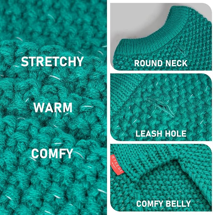 KYEESE Dog Christmas Sweater with Leash Hole Warm Pullover with Reflective Yarn for Small and Medium Dogs Male Soft Knit Pullover Boy Dog Coats Cozy Lightweight Thick Sweater,Green,Medium