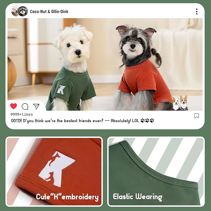 Koneseve Dog Shirt Soft Cotton Stretchy Clothes for Small Medium Pets 2-Pack Rust & Mist Green 2XL