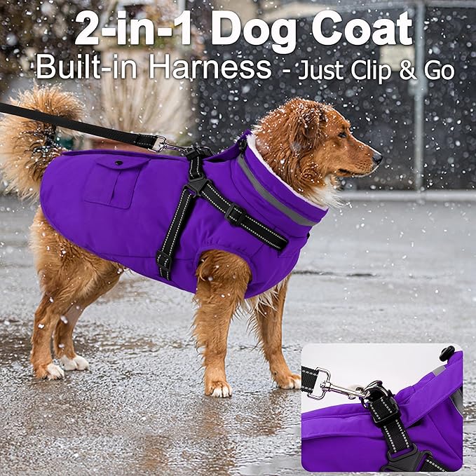 Dogcheer Dog Coat with Harness, Waterproof Warm Dog Winter Jacket with Pockets, Reflective Pet Fleece Jacket Turtleneck Snowsuit for Small Medium Large Dogs - Purple, M