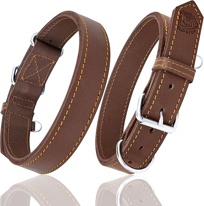 Riparo Dog Collar - Genuine Leather Dog Collars - Heavy Duty Dog Collars for Medium Large and Extra Large Dog Breeds (L: 1.25” Wide for 18” - 22” Neck, Brown)