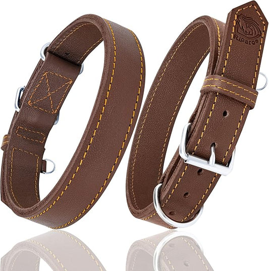 Riparo Dog Collar - Genuine Leather Dog Collars - Heavy Duty Dog Collars for Medium Large and Extra Large Dog Breeds (M: 1” Wide for 14” - 18” Neck, Brown)