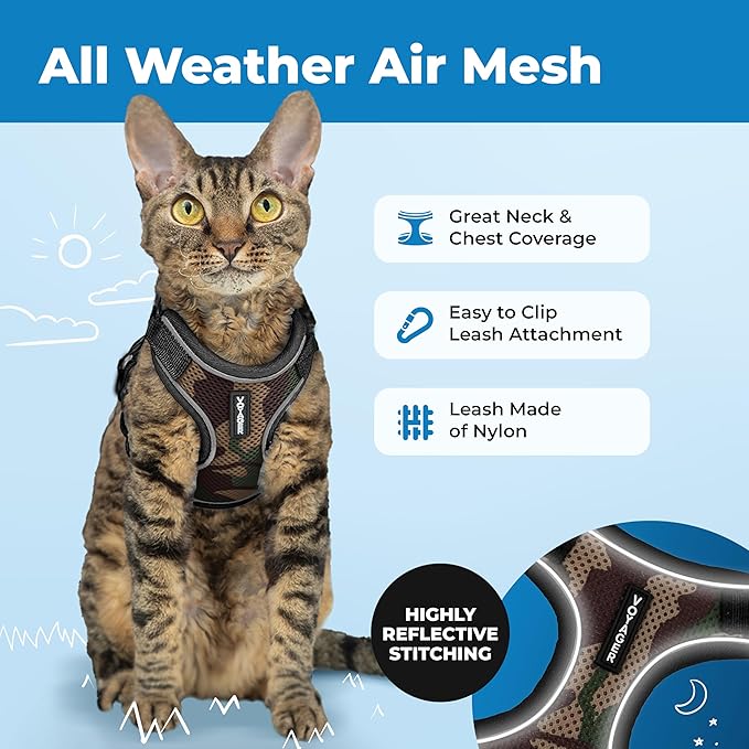 Voyager Escape Proof Cat Harness and Leash Set with Reflective Stitching, Neoprene Handle 5ft - Supports Small, Medium and Large Cats, Kittens for Walking by Best Pet Supplies - Army, XS